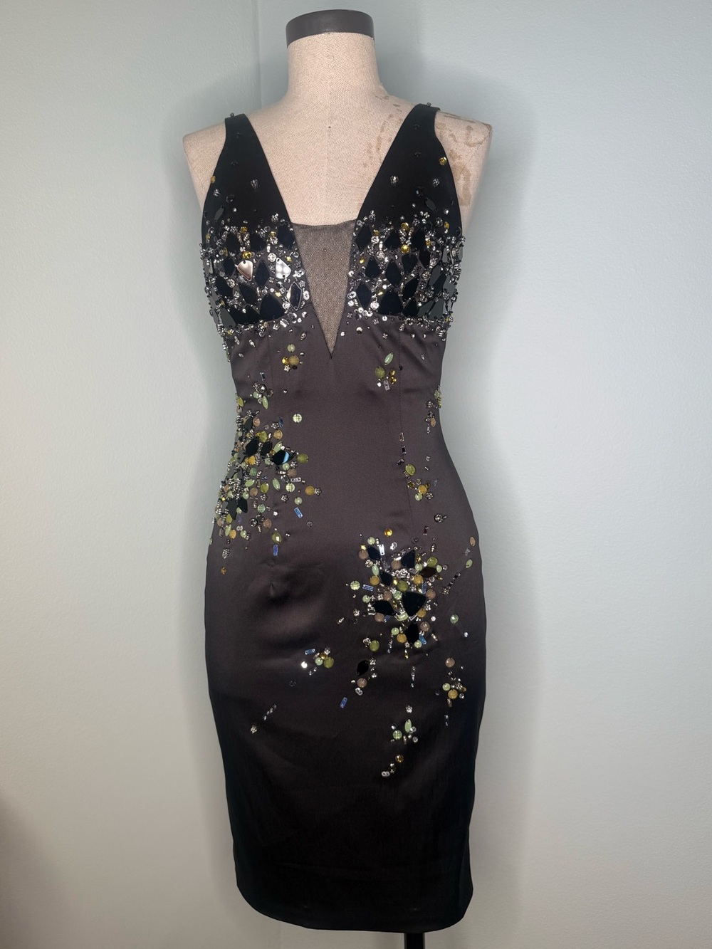 Mandalay Black Embellished Cocktail Dress – Size 6, Beaded & Mesh Detail